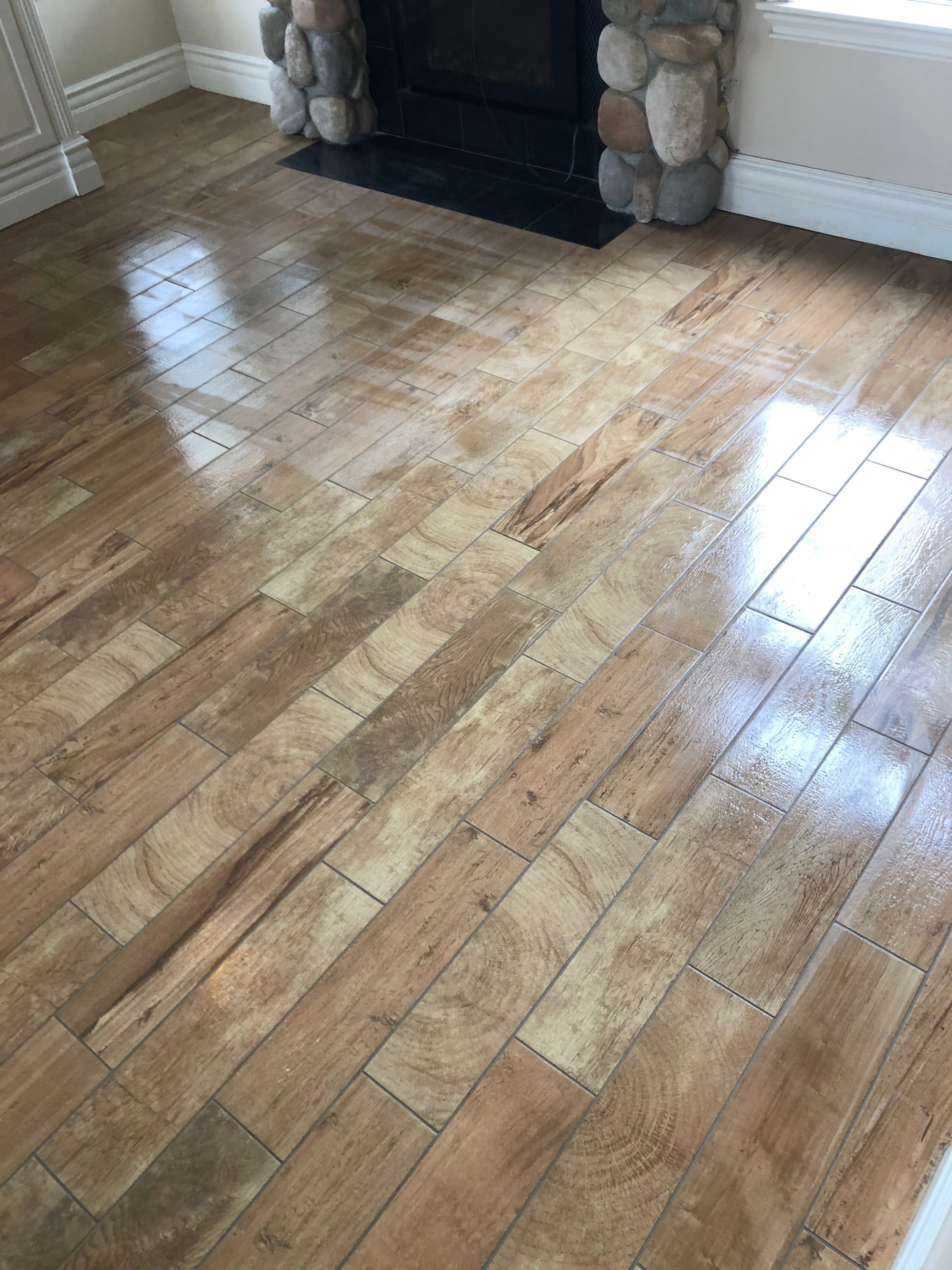 Wood-look porcelain plank tile flooring installation in Menifee California home